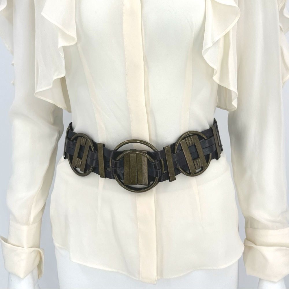 Brown leather blend waist belt with brass metal hardware, snap closure